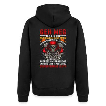 Mürrischer alter Mann Lustiger Spruch Renter Biker - Unisex Premium Bio Zip Hoodie - Schwarz - Hinten - Nico (187cm)