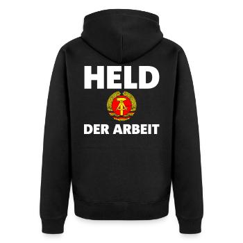 Held der Arbeit DDR - Unisex Premium Bio Zip Hoodie - Schwarz - Hinten - Nico (187cm)