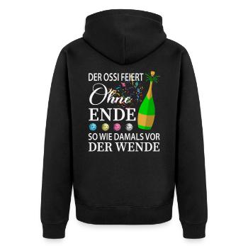 DDR Ossi Spruch - Unisex Premium Bio Zip Hoodie - Schwarz - Hinten - Nico (187cm)