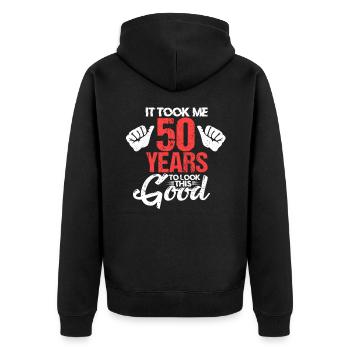50e anniversaire - Veste à capuche bio Premium Unisexe - noir - Dos - Nico (187cm)