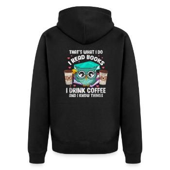 Kaffee Koffein Lesen Bücher Buch Eule Geschenk - Unisex Premium Bio Zip Hoodie - Schwarz - Hinten - Nico (187cm)