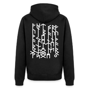 Runenstein2020/Rune stone-Quantum Runes Futhark 0© - Unisex Premium Bio Zip Hoodie - Schwarz - Hinten - Nico (187cm)