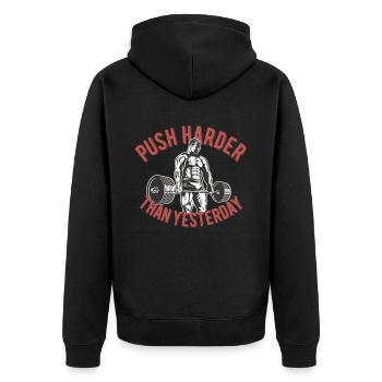 Body Building - Push harder than yesterday - Unisex Premium Bio Zip Hoodie - Schwarz - Hinten - Nico (187cm)