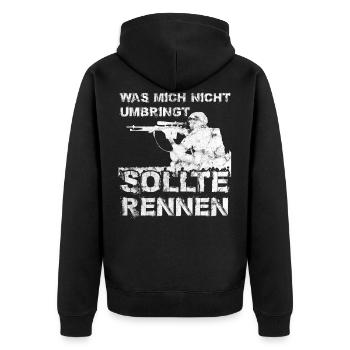Scharfschütze Was mich nicht umbringt sollte renne - Unisex Premium Bio Zip Hoodie - Schwarz - Hinten - Nico (187cm)