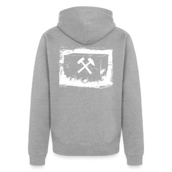 Eine Lore für den Bergbau - Unisex Premium Bio Zip Hoodie - Grau meliert - Hinten - Nico (187cm)