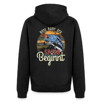 Rute Raus der Spass Beginnt Angeln - Unisex Premium Bio Zip Hoodie - Schwarz - Hinten - Nico (187cm)