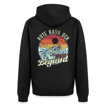 Rute Raus der Spass Beginnt Angler Geschenk - Unisex Premium Bio Zip Hoodie - Schwarz - Hinten - Nico (187cm)