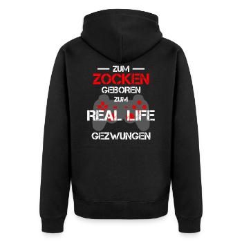 To the gamble born saying Gamer - Unisex Premium Organic Zip Hoodie - black - Back - Nico (187cm)