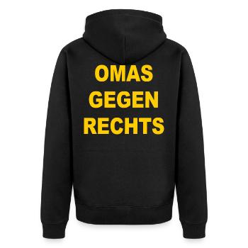 omas gegen rechts - Unisex Premium Bio Zip Hoodie - Schwarz - Hinten - Nico (187cm)