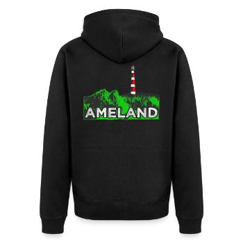 Ameländer Leuchtturm - Unisex Premium Bio Zip Hoodie - Schwarz - Hinten - Nico (187cm)