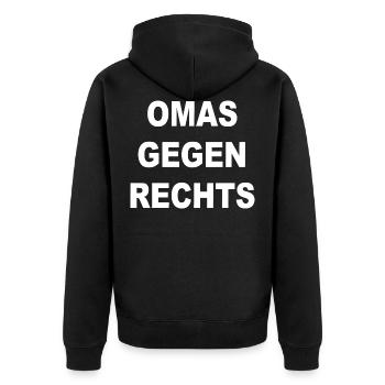 omas gegen rechts - Unisex Premium Bio Zip Hoodie - Schwarz - Hinten - Nico (187cm)