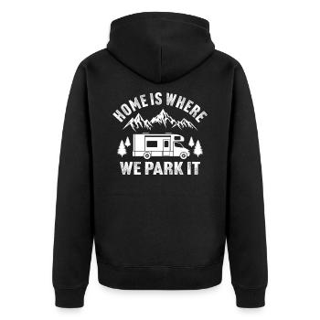 home is where we park it shirt - Unisex Premium Bio Zip Hoodie - Schwarz - Hinten - Nico (187cm)