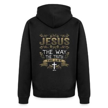 Jesus Christus Johannes 14, 6 Der Weg Das Leben - Unisex Premium Bio Zip Hoodie - Schwarz - Hinten - Nico (187cm)