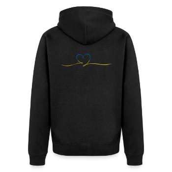 Frieden und Liebe für die Ukraine - Unisex Premium Bio Zip Hoodie - Schwarz - Hinten - Nico (187cm)