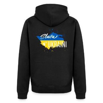 Slava Ukraini Ruhm der Ukraine - Unisex Premium Bio Zip Hoodie - Schwarz - Hinten - Nico (187cm)