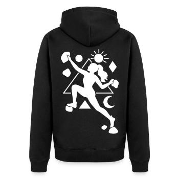 Bouldern Damen Frau Geometrisch Tag und Nacht - Unisex Premium Bio Zip Hoodie - Schwarz - Hinten - Nico (187cm)