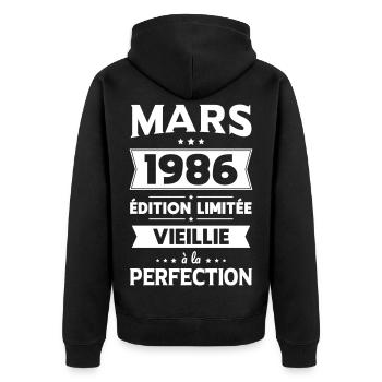 Anniversaire 40 ans - Mars 1986 Perfection - Veste à capuche bio Premium Unisexe - noir - Dos - Nico (187cm)