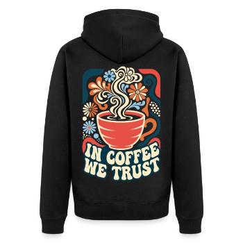 In Coffee We Trust Retro Kaffee - Unisex Premium Bio Zip Hoodie - Schwarz - Hinten - Nico (187cm)