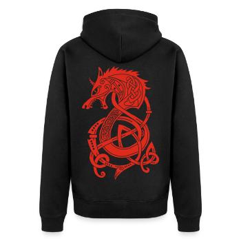 Wikinger-Wolfsdrache (Rot) - Unisex Premium Bio Zip Hoodie - Schwarz - Hinten - Nico (187cm)