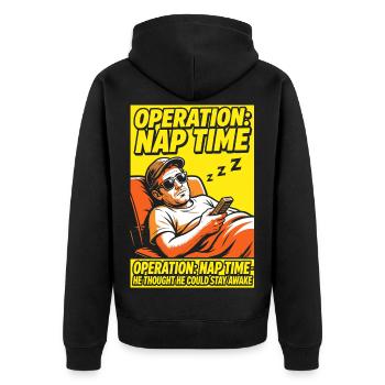 Operation Naptime – Lustiger Schlaf-Fan - Unisex Premium Bio Zip Hoodie - Schwarz - Hinten - Nico (187cm)