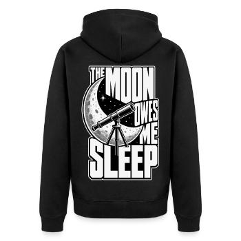 Astronomiehumor – The Moon Owes Me Sleep - Unisex Premium Bio Zip Hoodie - Schwarz - Hinten - Nico (187cm)