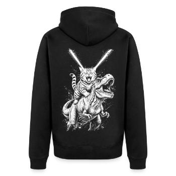 Katzenreitende T-Rex – Laseraugen - Unisex Premium Bio Zip Hoodie - Schwarz - Hinten - Nico (187cm)