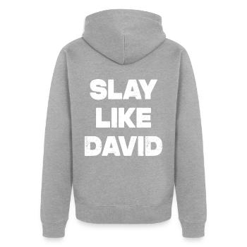 Slay Like David - Unisex Premium Bio Zip Hoodie - Grau meliert - Hinten - Nico (187cm)