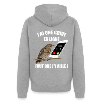 Chasse humour grive en ligne - Veste à capuche bio Premium Unisexe - gris chiné - Dos - Nico (187cm)