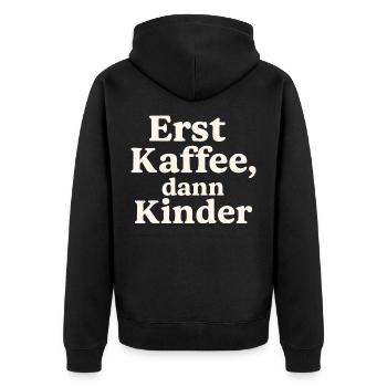 Erst Kaffee, Dann Kinder (hellbeige) - Unisex Premium Bio Zip Hoodie - Schwarz - Hinten - Nico (187cm)