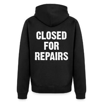 Closed For Repairs - Unisex Premium Organic Zip Hoodie - black - Back - Nico (187cm)