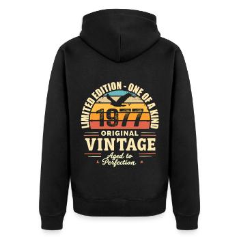 1977 Geburtstagsgeschenk Jahrgang 1977 Retro 1977 - Unisex Premium Bio Zip Hoodie - Schwarz - Hinten - Nico (187cm)