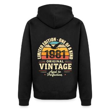 Geburtstagsgeschenk 1981 Jahrgang 1981 Retro 1981 - Unisex Premium Bio Zip Hoodie - Schwarz - Hinten - Nico (187cm)