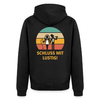 Schluss Mit Lustig! (JGA Peitsche Bier Sunset 5C) - Unisex Premium Bio Zip Hoodie - Schwarz - Hinten - Nico (187cm)