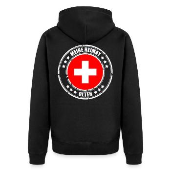 MEINE HEIMAT OLTEN - Unisex Premium Bio Zip Hoodie - Schwarz - Hinten - Nico (187cm)