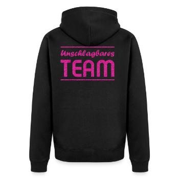 Unschlagbares Team pink Glitzer Optik - Unisex Premium Bio Zip Hoodie - Schwarz - Hinten - Nico (187cm)