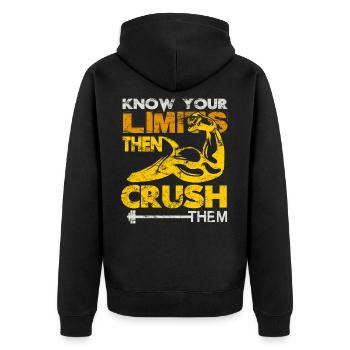 Know your Limits Muskelaufbau Motivation - Unisex Premium Bio Zip Hoodie - Schwarz - Hinten - Nico (187cm)