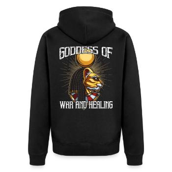 Göttin des Krieges und der Heilung Sachmet Ägypten - Unisex Premium Bio Zip Hoodie - Schwarz - Hinten - Nico (187cm)