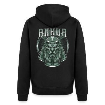 Gott des Krieges Anhur - Unisex Premium Bio Zip Hoodie - Schwarz - Hinten - Nico (187cm)
