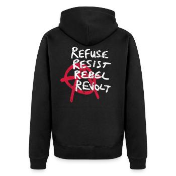 Weigerung, Widerstand, Rebellion und Aufstand - Unisex Premium Bio Zip Hoodie - Schwarz - Hinten - Nico (187cm)