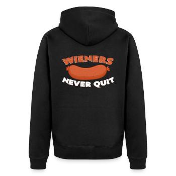 Wieners Never Quit | Wiener Wurst Metzger Geschenk - Unisex Premium Bio Zip Hoodie - Schwarz - Hinten - Nico (187cm)