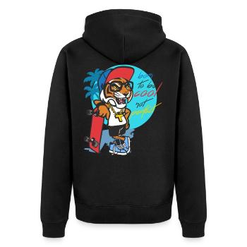 born to be cool, not perfect - Unisex Premium Organic Zip Hoodie - black - Back - Nico (187cm)