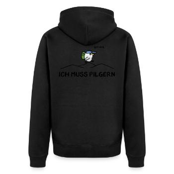 Vogel mit Rucksack - Lass mich - Ich muss pilgern - Unisex Premium Bio Zip Hoodie - Schwarz - Hinten - Nico (187cm)