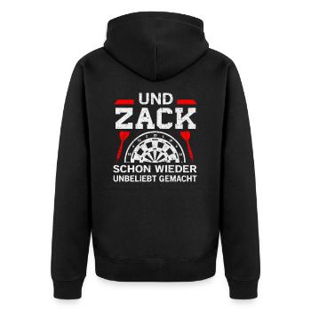Darts Darten Dart Dartpfeil Dartboard · Und Zack - Unisex Premium Bio Zip Hoodie - Schwarz - Hinten - Nico (187cm)