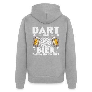 Darts Darten · Dart und Bier darum sind wir hier - Unisex Premium Bio Zip Hoodie - Grau meliert - Hinten - Nico (187cm)