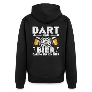 Darts Darten · Dart und Bier darum sind wir hier - Unisex Premium Bio Zip Hoodie - Schwarz - Hinten - Nico (187cm)