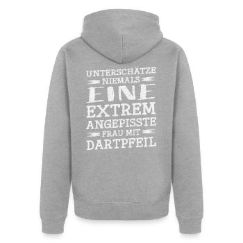 Darts Darten Dart Dartboard · Frau mit Dartpfeil - Unisex Premium Bio Zip Hoodie - Grau meliert - Hinten - Nico (187cm)