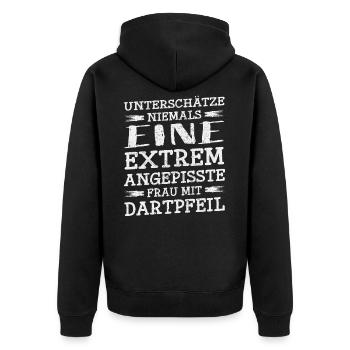 Darts Darten Dart Dartboard · Frau mit Dartpfeil - Unisex Premium Bio Zip Hoodie - Schwarz - Hinten - Nico (187cm)