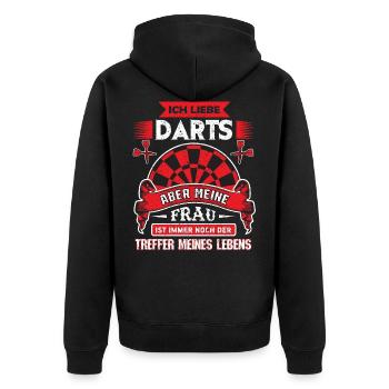 Dart Darts darten Geschenk Shirt·Frau Volltreffer - Unisex Premium Bio Zip Hoodie - Schwarz - Hinten - Nico (187cm)