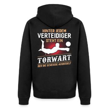 Hinter Jedem Verteidiger Steht ein Torwart - Unisex Premium Bio Zip Hoodie - Schwarz - Hinten - Nico (187cm)