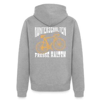 Runterschalten Fresse Halten - Unisex Premium Bio Zip Hoodie - Grau meliert - Hinten - Nico (187cm)